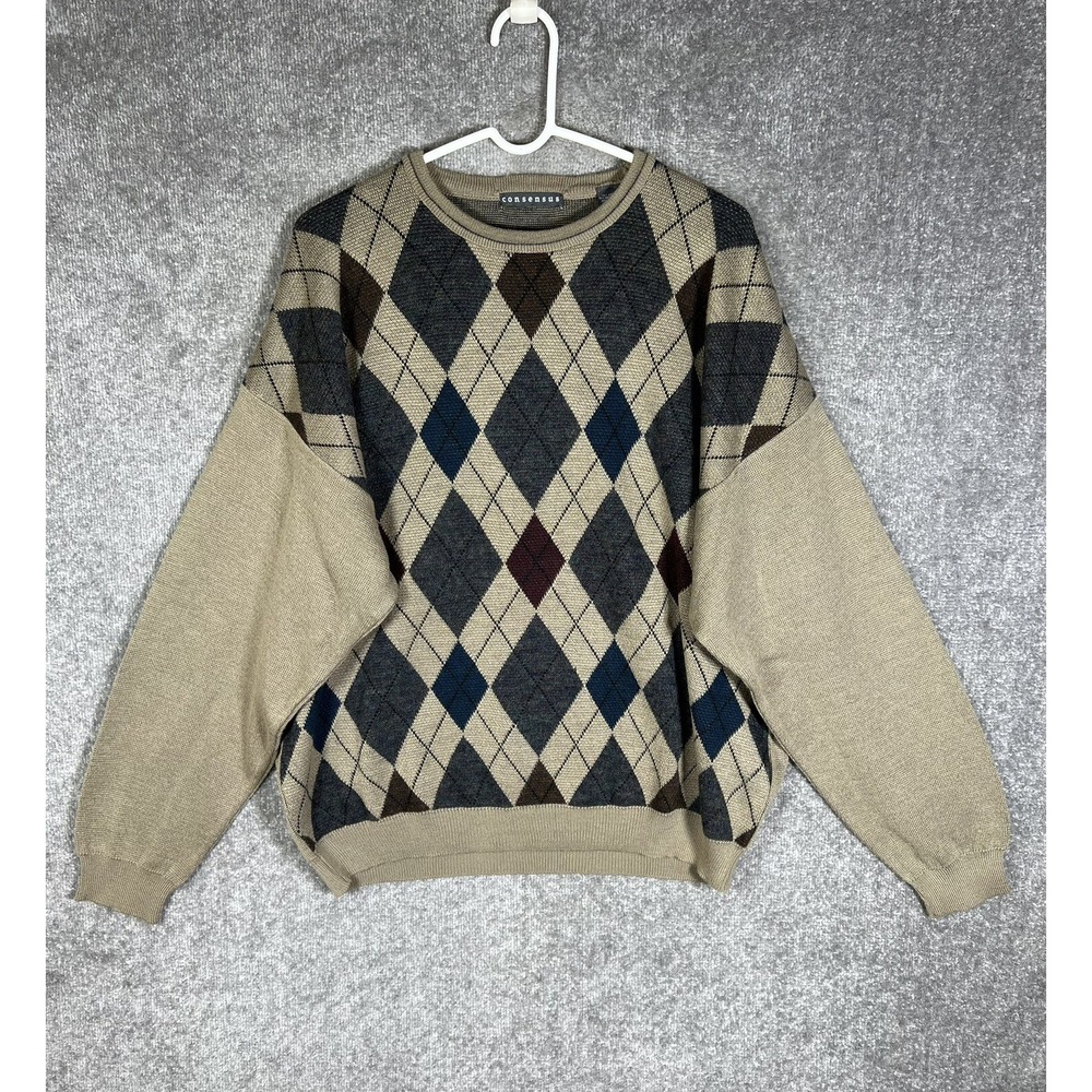 Consensus Merino Wool Blend Argyle Diamond Sweater Mens Size XL Pullover Italy